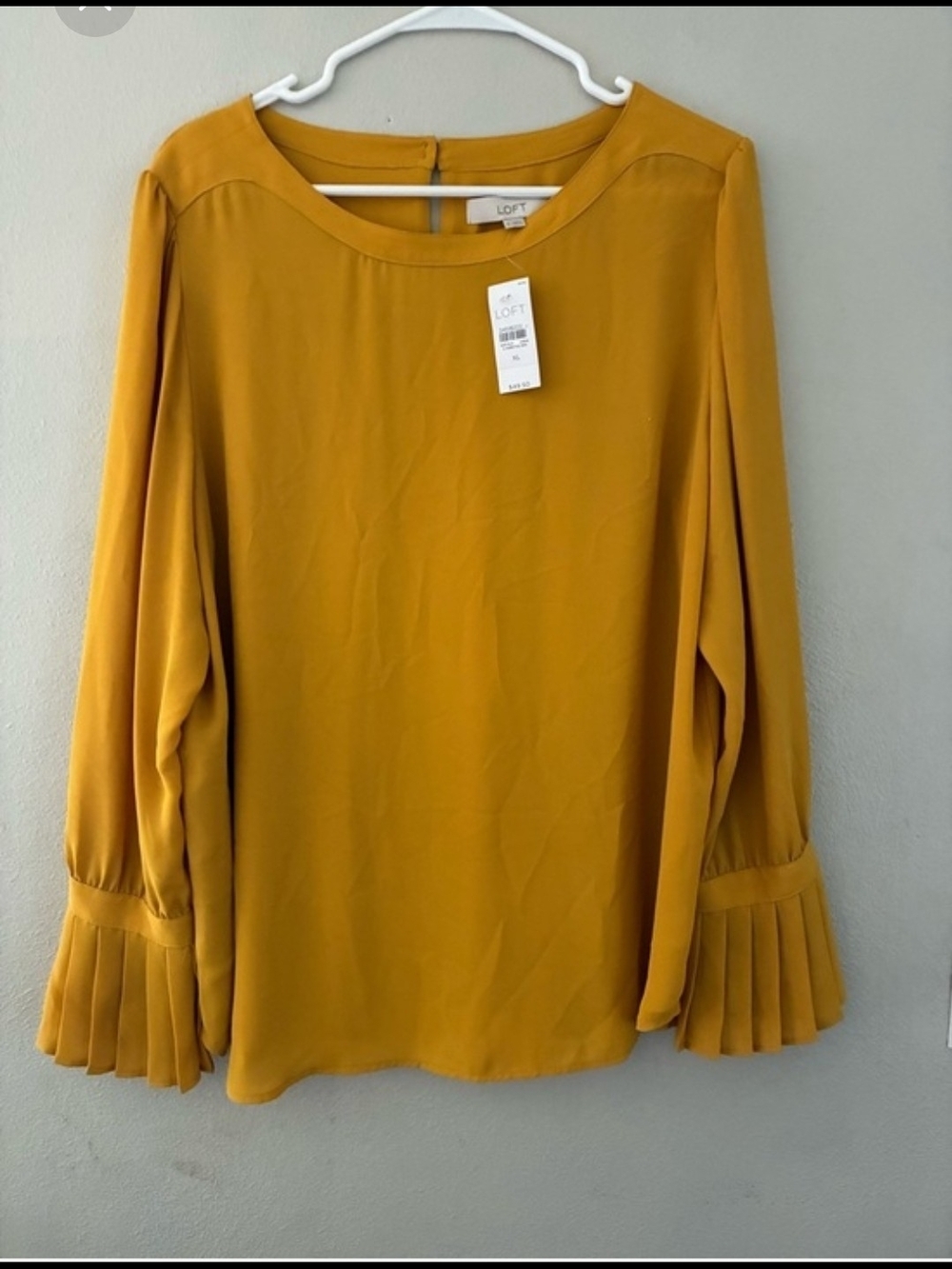 NWT.. LOFT Mustard Yellow Pleated Cuff Long-Sleeve Blouse